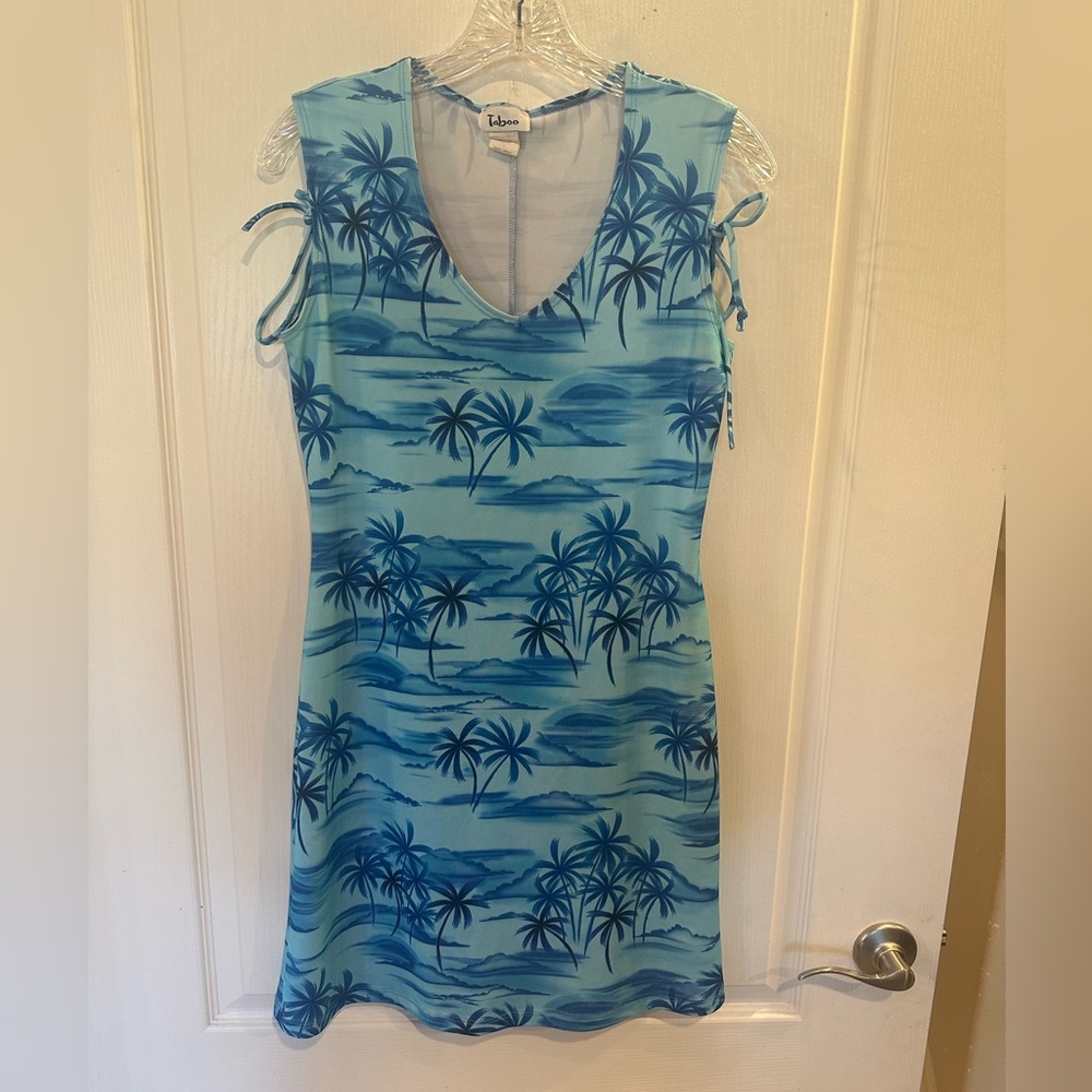 Taboo Vintage Y2K Tropical Blue Tie Shoulder sleeveless Mini Dress sz large
